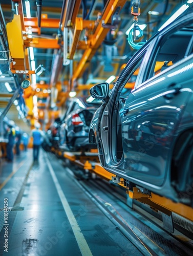 Workers are focused on installing and inspecting car interiors along the factory assembly line during a busy day. Generative AI