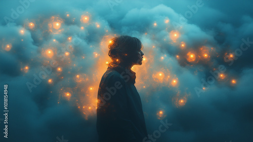 A figure enveloped in glowing orbs representing positive energy and self-care, standing under a dark storm of negative thoughts.