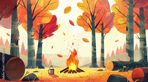 Autumn forest with campfire and falling leaves in animated landscape