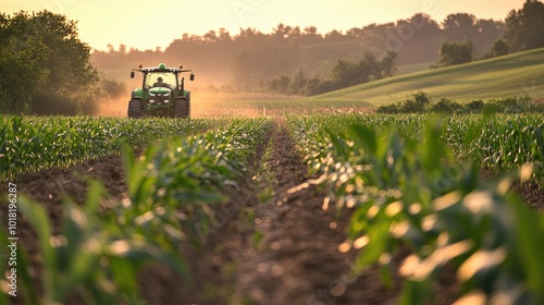 A tractor moving through a cornfield at dawn, with soft morning light illuminating the plants.