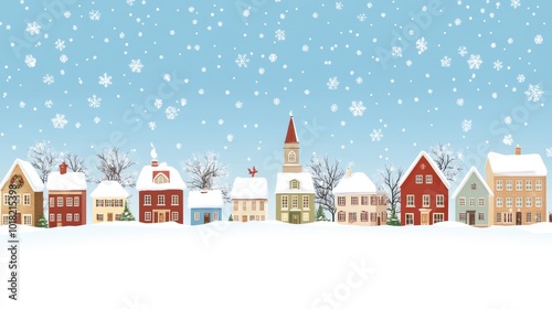 In this retro style, we see a winter city with snowmen, houses and a Christmas tree. A cozy town with lettering merry Christmas depicts a snowy scene.