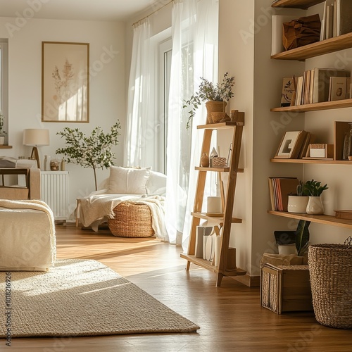 Bright and cozy living room with natural light, wood furniture, plants, and stylish decor for a serene atmosphere.