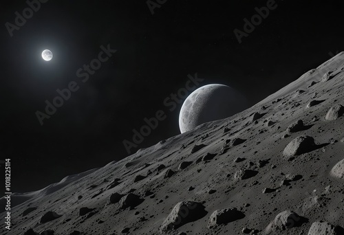 View of the Moon and a planet from a crater background