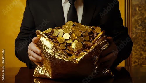 A man in a suit holds a bag full of gold coins, symbolizing wealth and success.