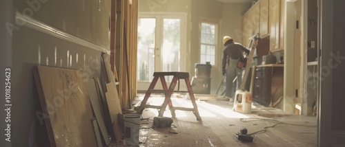 A sunlit hallway with renovation tools scattered, where a worker diligently refines the space, weaving dreams into reality within beams of golden light.