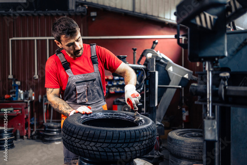 Experienced repairman preparing new tire to be mounted on the wheel.