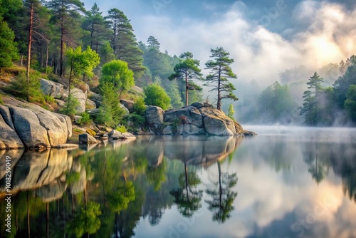 Misty forest with rocky outcrops reflected in the water