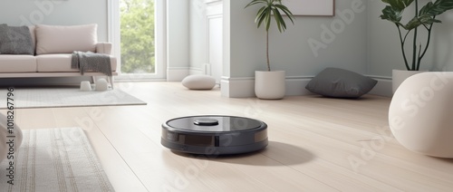 A Robotic Vacuum Cleaning a Modern Living Room With Light Wood Floors and Cozy Furniture in Daylight