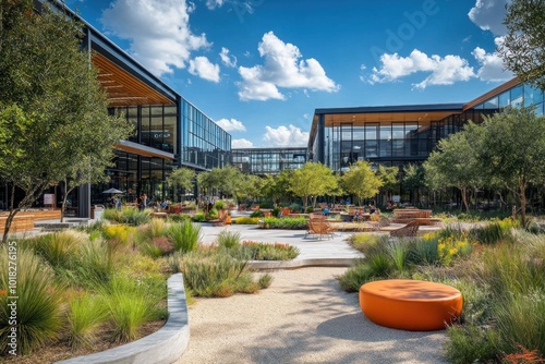 A modern office building courtyard with lush landscaping, walkways, and seating areas.