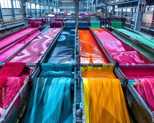 Vibrant Textile Dyeing Facility with Colorful Fabrics in Large Vats of Dye