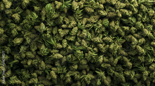 Close-up view of a textured pile of dried cannabis buds and leaves, showcasing their natural green tones.