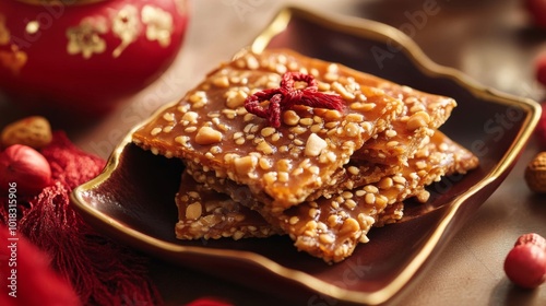 Sesame and Peanut Brittle with Red Ribbon on Brown Plate