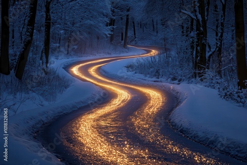 headlights illuminating a dark icy road with long exposure capturing the winding path as it disappears into the night evoking a sense of mystery and cautious adventure