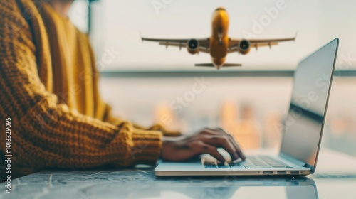 Traveler working on laptop with airplane taking off