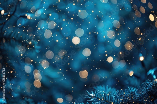 Magic blue holiday abstract glitter background with blinking stars. Blurred bokeh of Christmas lights