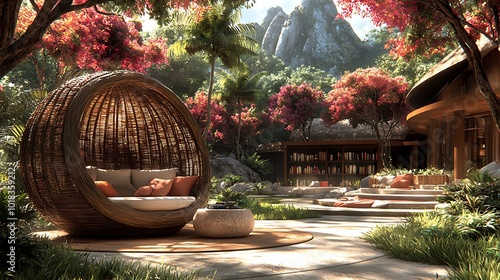 Cozy Reading Nook with Rattan Chair Surrounded by Nature