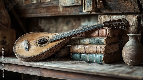 A lovely old lute and ancient books rest gracefully upon a weathered wooden shelf, exuding a timeless allure and a whisper of forgotten tales. 