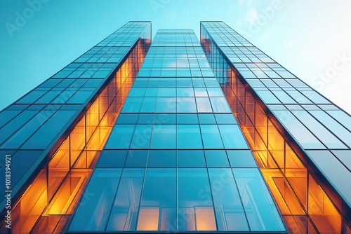 illustration of a contemporary multistory building with geometric design glass windows reflecting the cityscape modern architecture theme clean lines and vibrant energy