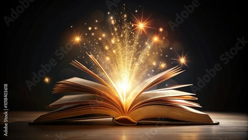 Open book with glowing light particles turning into black background