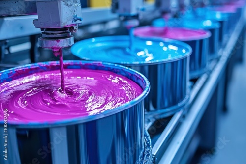 Automated Printing Machine Filling Containers with Purple Ink