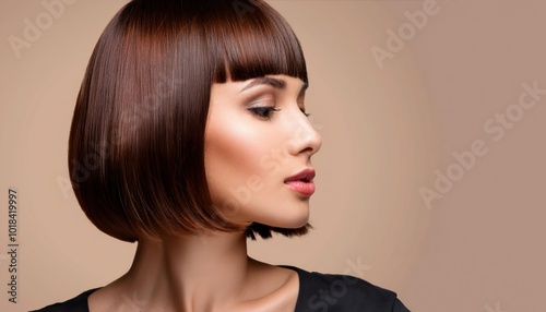 Close-up of a woman with a trendy short bob haircut, perfectly styled with sleek, shiny hair. Minimalist background, modern and fashionable look, beauty and haircare concept.