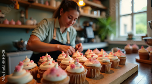 A woman is decorating cupcakes with pink frosting