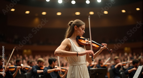 A woman is playing the violin in front of a large audience