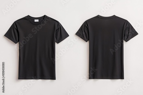 Black t-shirt front and back angles, wrinkle-free fabric, neutral studio setup, ideal for mock-up or print design display