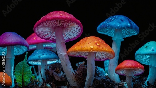 Multicolored hallucinogenic mushrooms on black background