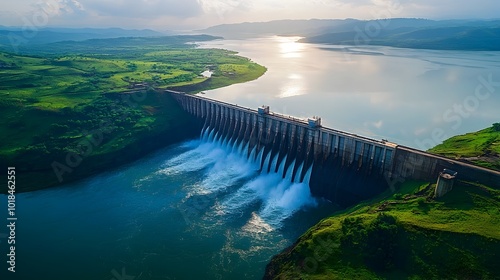 Majestic dam standing tall holding back a vast shimmering reservoir of water epitomizing the balance between human control and the harnessing of water s power for energy and development