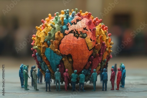 intricate origamistyle paper sculpture depicting a diverse crowd of miniature people arranged in a spherical formation to represent global unity and overpopulation