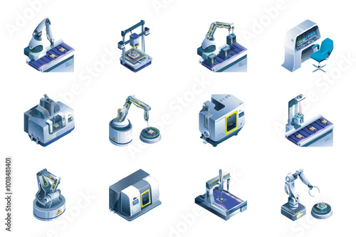 Automation of production web concept of 3d isometric icons set in isometry design. Robotic arms for conveyor, automatic manufacturing line, microchip processing, printing, other. Vector illustration.