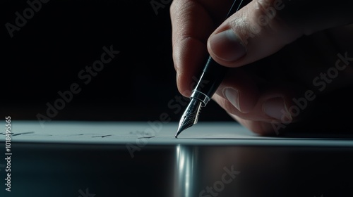 Businessperson s hand with pen signing a document, dark wooden desk, close-up detail, representing professionalism and contract finalization