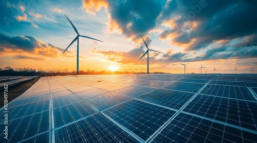 Solar and wind energy farm at sunset, symbolizing renewable energy.