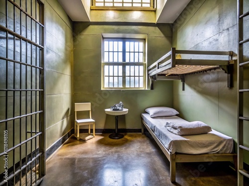 A cramped prison cell with horizontal bars on the window, wooden bunks, and a cold metal toilet bowl dominate the dreary space.