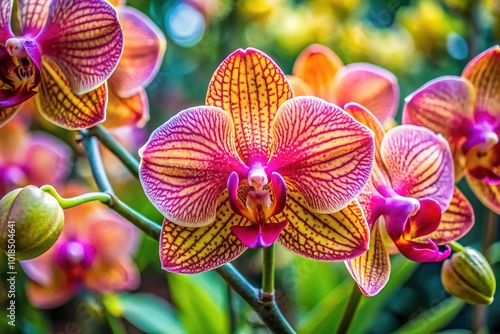 A majestic orchid unfurls its regal beauty, showcasing delicate petals in iridescent hues and intricate patterns that dance across its velvety surfaces like brushstrokes of an artist.