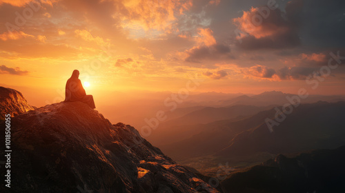 Jesus Christ praying alone on a mountaintop at dawn, with a peaceful landscape stretching out below