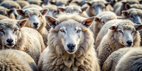 A sly and cunning wolf, disguised in a fluffy sheep costume, lurks among the flock, hiding its true nature with a deceitful and menacing gaze.