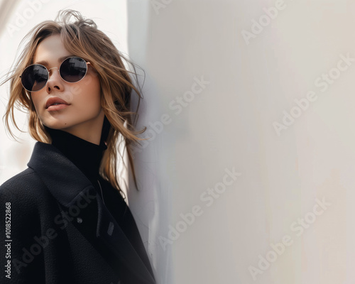 Stylish Young Woman Wearing Sunglasses and Black Coat Leaning Against Wall - Fashion Portrait