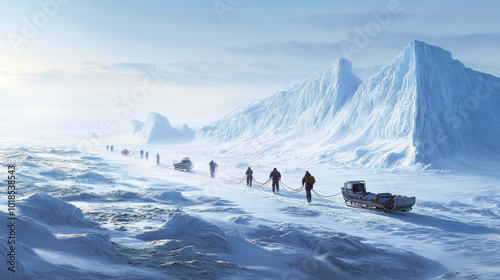 A team of explorers trekking across the icy landscape of the Arctic, pulling sleds behind them as they navigate through snowdrifts and frozen tundra under a pale blue sky