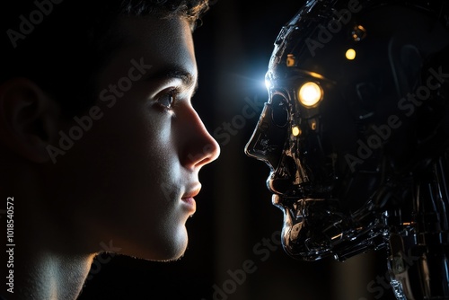 Profile of a man facing an illuminated robotic face