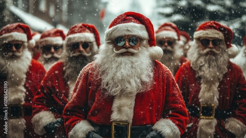 Santa Clauses parade under snowfall in wintertime bliss