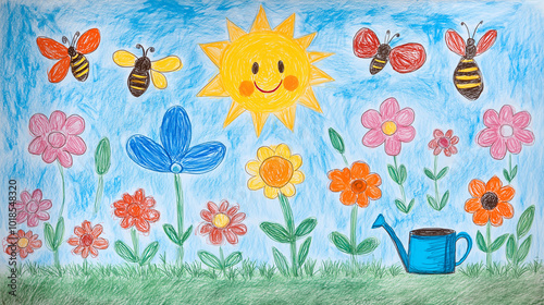 simple children's picture of a garden full of flowers, butterflies, and bees. Include a smiling sun, a watering can, and maybe a child planting seeds. The colors should be bright.