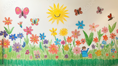 simple children's picture of a garden full of flowers, butterflies, and bees. Include a smiling sun, a watering can, and maybe a child planting seeds. The colors should be bright.