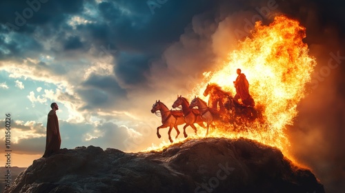 Prophet Elijah being taken up to heaven in fiery chariot horses blazing in flames Elisha watches from below standing on mountain