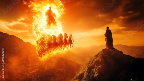 Prophet Elijah being taken up to heaven in fiery chariot horses blazing in flames Elisha watches from below standing on mountain