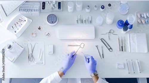 A patient waiting in a dermatologists office, the dermatologist preparing tools for a skin examination.