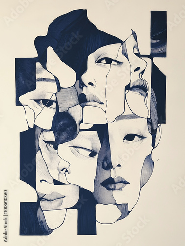 visages emmêlés : quête du soi, réflexion sur ses sentiments et son identité, introspection, illustration humaine pour cabinet médical, troubles psychiques et santé mentale, schizophrénie