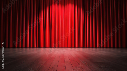 Red Velvet Curtain Stage: Dramatic red velvet curtains drawn back to reveal a spotlight illuminating the wooden stage floor, setting the scene for a performance, presentation, or grand reveal. 