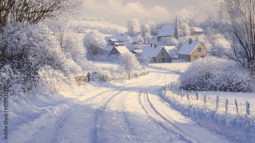 Snow-covered country road leading to a quaint village, with houses and fields blanketed in white